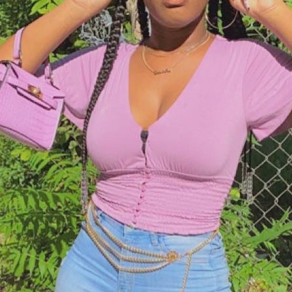 V neck purple cropped top with buttons / size M - Picture 4 of 7